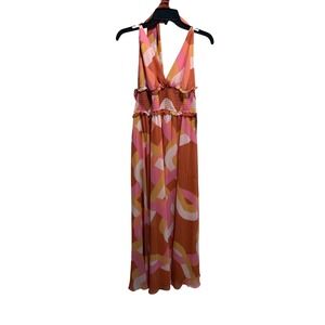 Premier Amour Maxi Dress Geometric Print Halter Neck Smocked Bodice Orange Pink